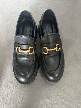 Mango Black Leather Loafers with Gold Horsebit Hardware